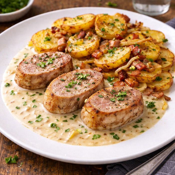 Schweinemedaillons an Weißweinsoße dazu Bratkartoffeln mit Zwiebeln und Speck auf einem Teller