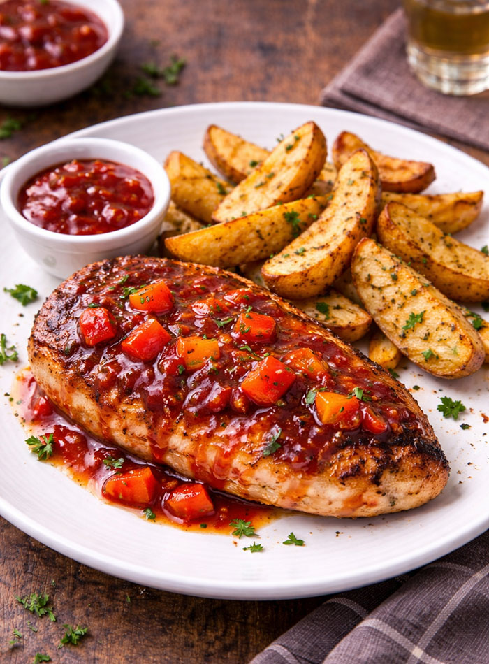 Putensteak mit Paprika-Barbeque Soße und Kartoffel Wedges